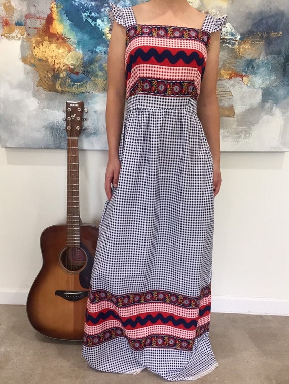 Vintage Sundress, Blue & Red Plaid Boho Sundress,