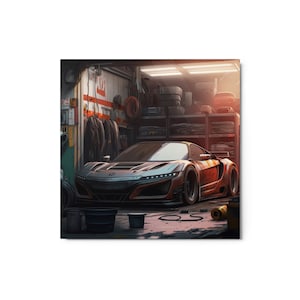 May include: An artistic rendering of a red and silver sports car inside a garage. The car is the focal point, with detailed headlights and a sleek design. The garage setting includes tools, tires, and storage shelves, creating a mechanic shop theme.