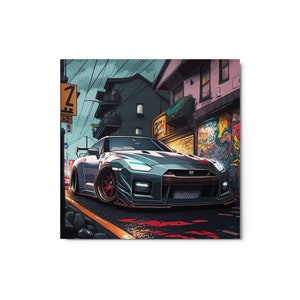 May include: An artistic rendering of a gray sports car with red rims parked on a street. The car is the focal point, set against a backdrop of buildings and graffiti art, with a moody, overcast sky.
