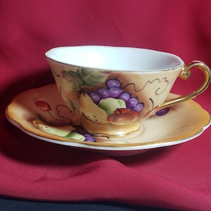 May include: A vintage teacup and saucer set with a hand-painted design of fruit, including grapes, pears, and apples. The set is decorated with gold accents and has a cream-colored background.
