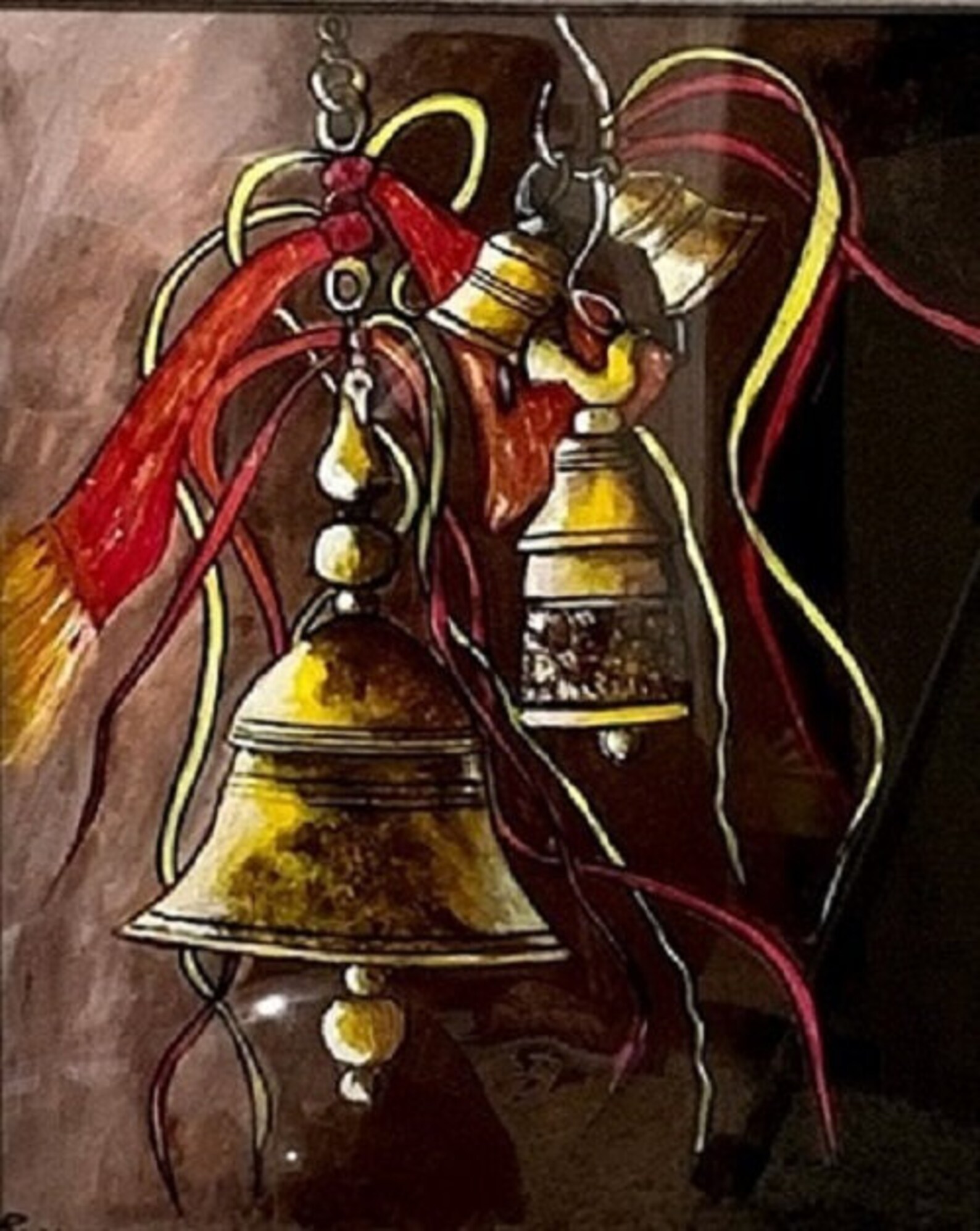 Modern Acrylic Temple Bells Painting With Faux Gray Wooden Framing Etsy