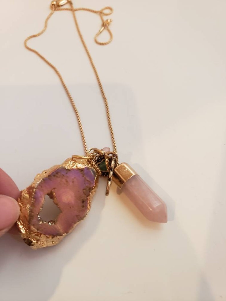 Rose Quartz Love Stone on Aura Quartz Druzy Crystal Slice w Golden Accents Charm Necklace