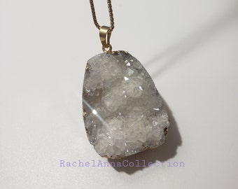 Angel Aura Quartz Healing Druzy Sparkling white w / Golden Accents Pendent