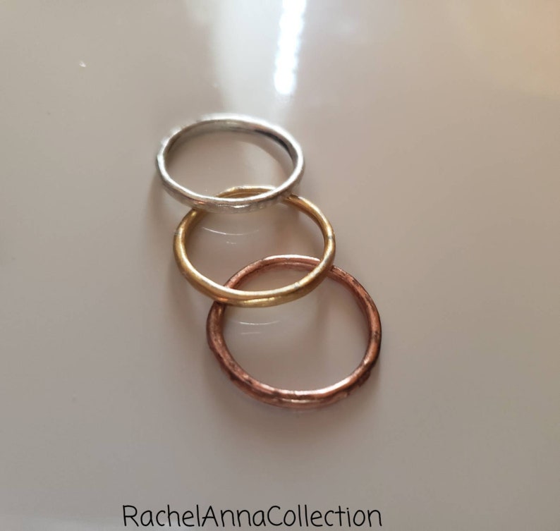 Gold and Copper Plated Simple Minimalist Set of 3 Ring set Hand Hammered Stacking Rings Sterling Silver Plated