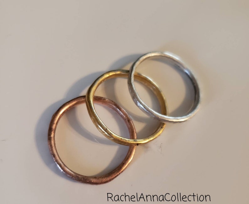 Gold and Copper Plated Simple Minimalist Set of 3 Ring set Hand Hammered Stacking Rings Sterling Silver Plated