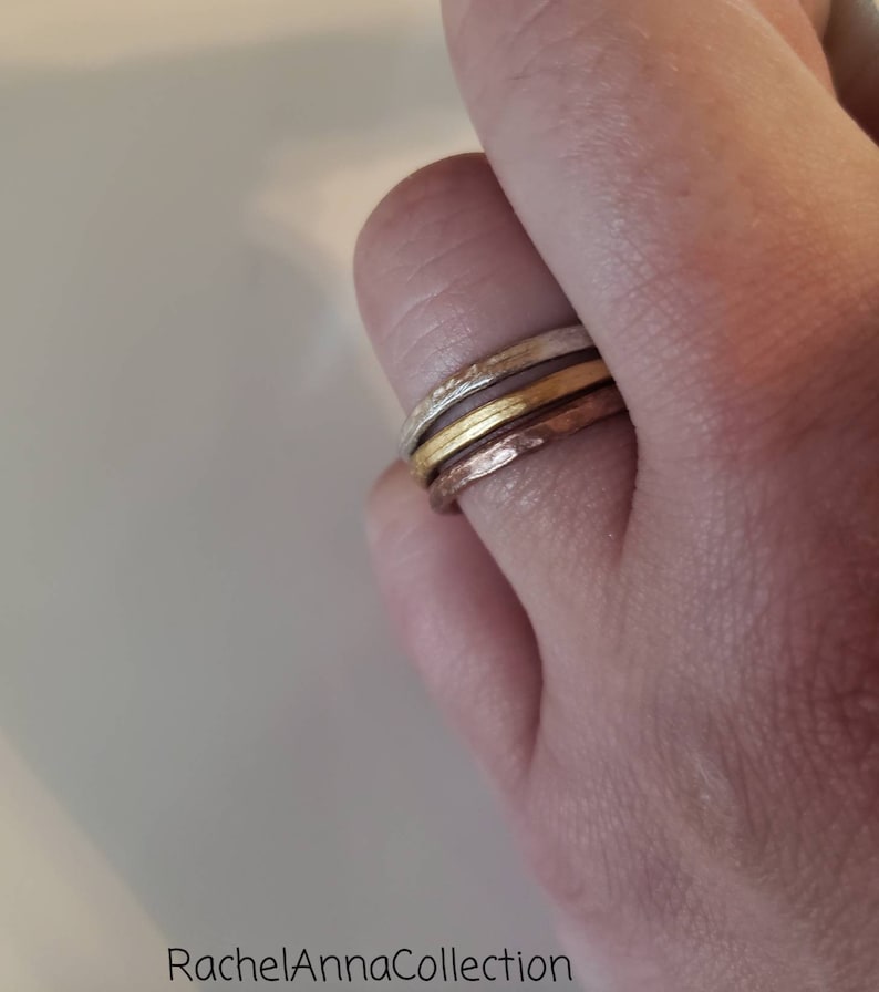 Gold and Copper Plated Simple Minimalist Set of 3 Ring set Hand Hammered Stacking Rings Sterling Silver Plated