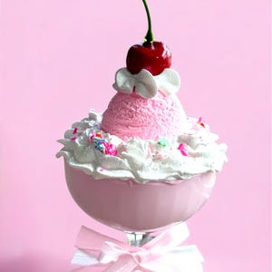 Faux Strawberry Sundae Decor with Sprinkles and a Cherry on Top – Whimsical Fake Ice Cream Display in Glass Sundae Cup