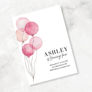 Watercolor Balloon Birthday Invitation, Editable Birthday Party Invitation, Minimalist Party Invite, Pink Balloon Party Invite