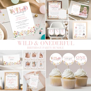 Overview of the "Wild and Onederful Birthday Bundle" featuring highchair banner, milestone board, birthday invitation, custom sign, time capsule, cupcake toppers, thank you cards.  Each item contains pink themed wildflowers