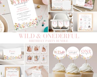 Wild and ONEderful 1st Birthday Bundle, Wildflower 1st Birthday Editable Invite, Floral 1st Birthday Party Decor, Boho 1st Birthday