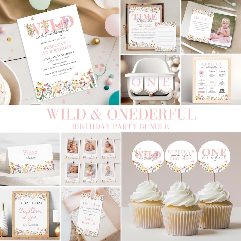 Overview of the "Wild and Onederful Birthday Bundle" featuring highchair banner, milestone board, birthday invitation, custom sign, time capsule, cupcake toppers, thank you cards.  Each item contains pink themed wildflowers