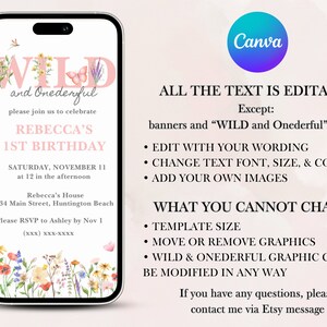 Overview of the "Wild and Onederful Birthday Bundle" featuring highchair banner, milestone board, birthday invitation, custom sign, time capsule, cupcake toppers, thank you cards.  Each item contains pink themed wildflowers