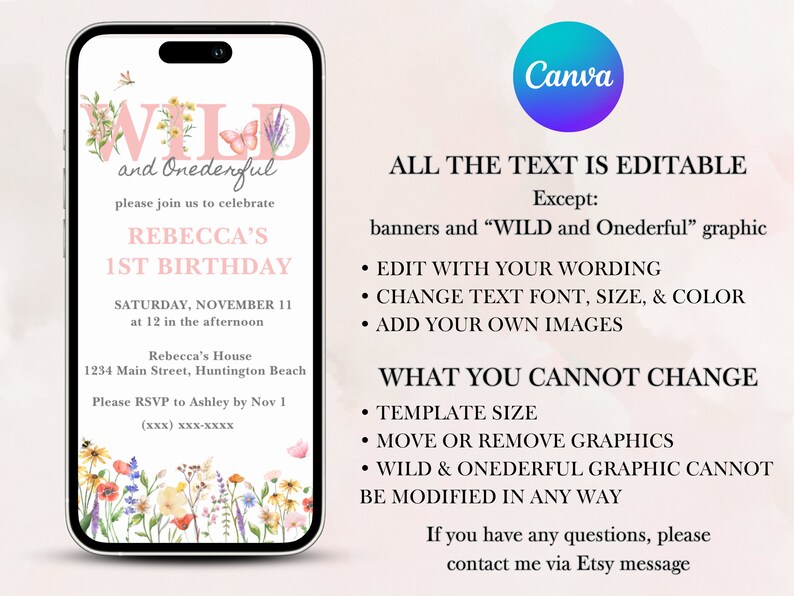 Overview of the "Wild and Onederful Birthday Bundle" featuring highchair banner, milestone board, birthday invitation, custom sign, time capsule, cupcake toppers, thank you cards.  Each item contains pink themed wildflowers