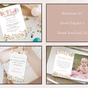 Overview of the "Wild and Onederful Birthday Bundle" featuring highchair banner, milestone board, birthday invitation, custom sign, time capsule, cupcake toppers, thank you cards.  Each item contains pink themed wildflowers