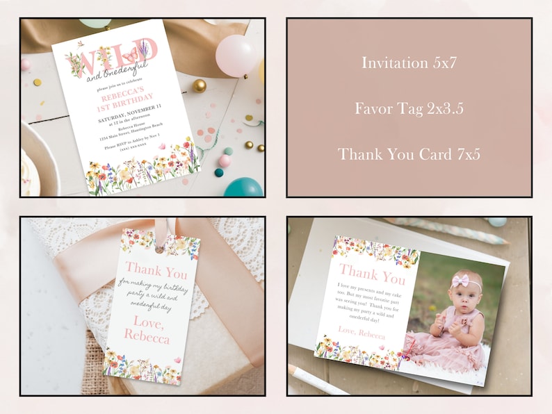 Overview of the "Wild and Onederful Birthday Bundle" featuring highchair banner, milestone board, birthday invitation, custom sign, time capsule, cupcake toppers, thank you cards.  Each item contains pink themed wildflowers