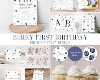 Berry First Birthday Bundle, Blueberry 1st Birthday Decor, Blueberry Theme 1st Birthday Party Supplies & Invitation