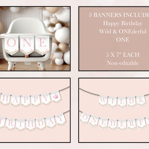 Overview of the "Wild and Onederful Birthday Bundle" featuring highchair banner, milestone board, birthday invitation, custom sign, time capsule, cupcake toppers, thank you cards.  Each item contains pink themed wildflowers
