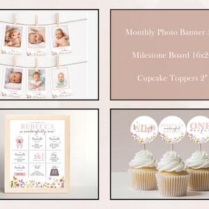 Overview of the "Wild and Onederful Birthday Bundle" featuring highchair banner, milestone board, birthday invitation, custom sign, time capsule, cupcake toppers, thank you cards.  Each item contains pink themed wildflowers