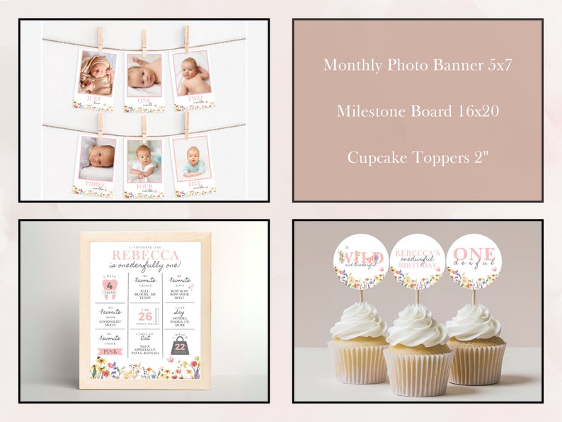 Overview of the "Wild and Onederful Birthday Bundle" featuring highchair banner, milestone board, birthday invitation, custom sign, time capsule, cupcake toppers, thank you cards.  Each item contains pink themed wildflowers