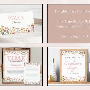 Overview of the "Wild and Onederful Birthday Bundle" featuring highchair banner, milestone board, birthday invitation, custom sign, time capsule, cupcake toppers, thank you cards.  Each item contains pink themed wildflowers