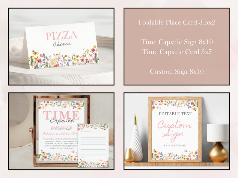 Overview of the "Wild and Onederful Birthday Bundle" featuring highchair banner, milestone board, birthday invitation, custom sign, time capsule, cupcake toppers, thank you cards.  Each item contains pink themed wildflowers