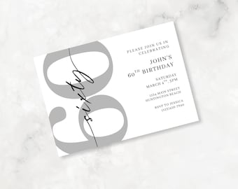 Invitación personalizada para fiesta de 60 cumpleaños, diseño personalizable, celebración elegante para adultos (plantilla de Canva, descarga digital)