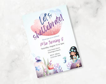 May include: A light blue and pink seashell invitation with the text "Let's Shellebrate!" and "Mia turning 8". The invitation includes details for a birthday party on August 31st at 2pm.
