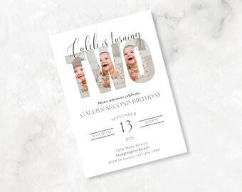 Custom Photo Second Birthday Invitation, Editable TWO Birthday Party Invite, Printable 2nd Birthday Template, Minimalist Boho Style.