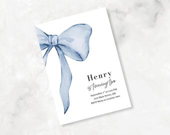 Blue Bow Birthday Invitation, Editable Coquette Blue Bow Birthday Invitation, Watercolor Ribbon Party Invite,