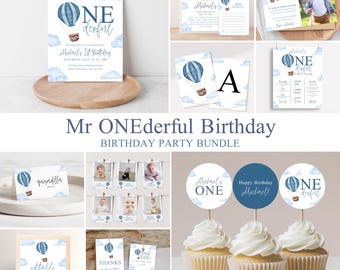 Mr ONEderful First Birthday Bundle, Editable 1st Birthday Party Bundle Template, Onederful Party Decorations, Hot Air Balloon 1st Birthday