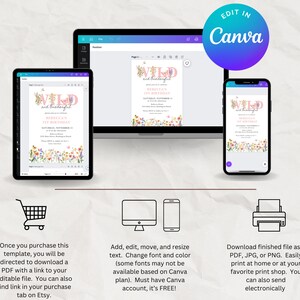 Overview of the "Wild and Onederful Birthday Bundle" featuring highchair banner, milestone board, birthday invitation, custom sign, time capsule, cupcake toppers, thank you cards.  Each item contains pink themed wildflowers
