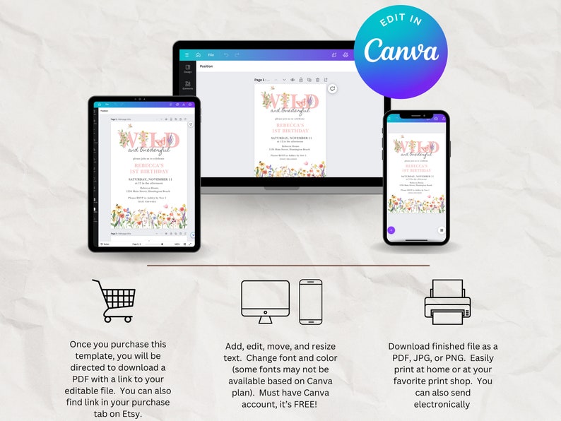 Overview of the "Wild and Onederful Birthday Bundle" featuring highchair banner, milestone board, birthday invitation, custom sign, time capsule, cupcake toppers, thank you cards.  Each item contains pink themed wildflowers