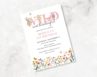 Wild and Onederful 1st Birthday Invitation, Wildflower 1st Birthday Editable Invite, Girl Garden Birthday Invite, Pink Floral 1st Bday