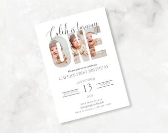 Custom Photo First Birthday Invitation: Minimalist Boho Style (Canva Digital Download, 5x7 Editable Invite)