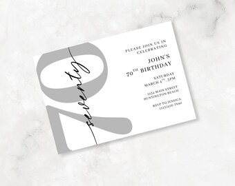 70th Birthday Invitation, Editable Minimal Birthday Invite Design, Modern Adult Birthday Invite, Elegant Birthday Invite