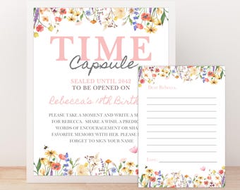 May include: A time capsule sign and card set with floral accents. The sign reads "TIME Capsule" and "Sealed until 2042 to be opened on Rebecca's 18th Birthday." The card is lined and reads "Dear Rebecca" and "Love."