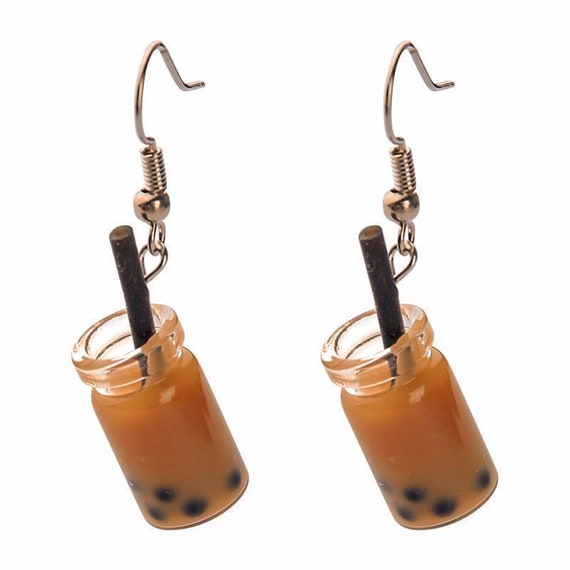Peach Boba Milk Tea 3D Fun Charm Earrings Womens Handmade Peach Boba Milk Tea 3D Fun Charm Earrings Womens Handmade