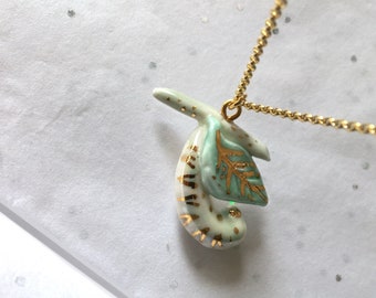 Porcelain necklace caterpillar and leaf, ceramic pendant cocoon on a vermeil chain, chrysalis butterfly necklace