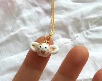 Very tiny porcelain pinke angel pendant on vermeil chain, angel gift, ceramic angel miniature, tiny angel necklace