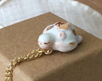 Sea turtle animal spirit porcelain necklace, clay sea turtle pendant on a vermeil chain