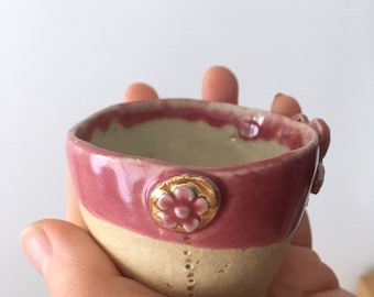 Stoneware flowers coffee cup, ceramic espresso cup, clay scullpted cup, ceramic coffee cup