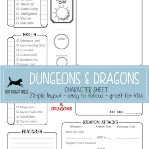Puede incluir: Una hoja de personaje en blanco y negro para Dungeons & Dragons, un juego de rol de mesa. La hoja incluye secciones para el nombre del personaje, la raza, la clase, la alineación, el nivel, los puntos de experiencia, las salvaciones, las habilidades, la clase de armadura, la velocidad, la inspiración, los ataques con armas, los dados de golpe y las características.