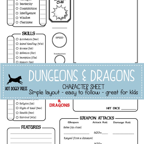 Dungeons and Dragons Character Sheet |  Simple layout perfect for children | Dyslexia friendly | D&D 5e | Used in school clubs | Game Night!