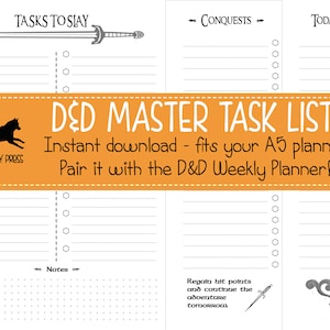 May include: A printable D&D Master Task List in black and white with a black dog illustration. The list is designed to fit an A5 planner and includes sections for tasks to slay, conquests, today's magic, and notes. The text "Instant download - fits your A5 planner. Pair it with the D&D Weekly Planner!" is printed in orange.