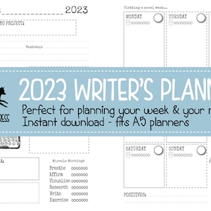 Puede incluir: Un planificador imprimible azul y blanco para escritores con un gráfico de máquina de escribir y el texto "2023 Writer's Planner" y "Perfecto para planificar tu semana y tu novela".