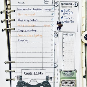 May include: A weekly planner with a black and white typewriter illustration and the text "task list." The planner has a list of tasks with checkboxes and a section for word count. The planner also has a section for the day of the week, date, and tasks to be completed.