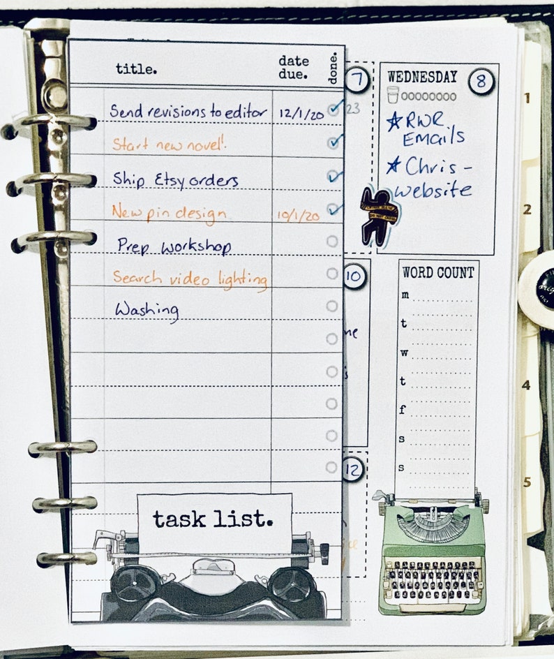 May include: A weekly planner with a black and white typewriter illustration and the text "task list." The planner has a list of tasks with checkboxes and a section for word count. The planner also has a section for the day of the week, date, and tasks to be completed.