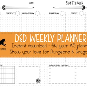 Dungeons and Dragons Weekly Planner | Bullet Journal with D&D theme | A5 2021 Planner Inserts