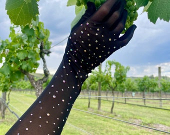 Black Mesh Gloves with Rhinestone Crystals, Elegant Evening Accessory