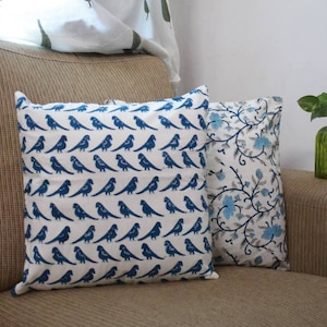 Cushion Covers White Blue Block print , Set of 2 Cushion Covers of size 16x16, Parrot Print and floral Cushion covers set